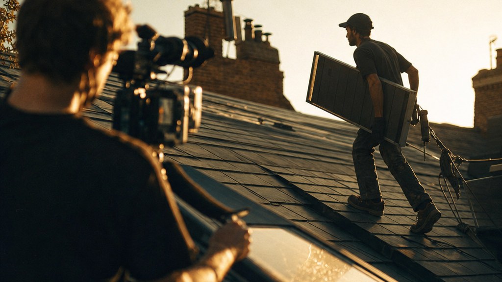 Camera operator filming an installer carrying a panel across a sunlit roof
