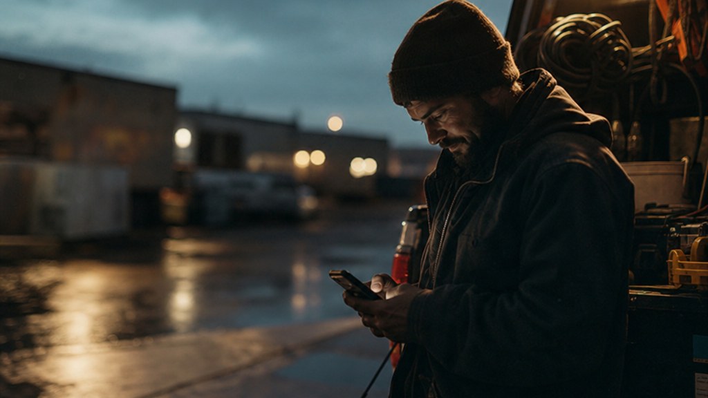 Installer checking a phone on a truck tailgate between jobs