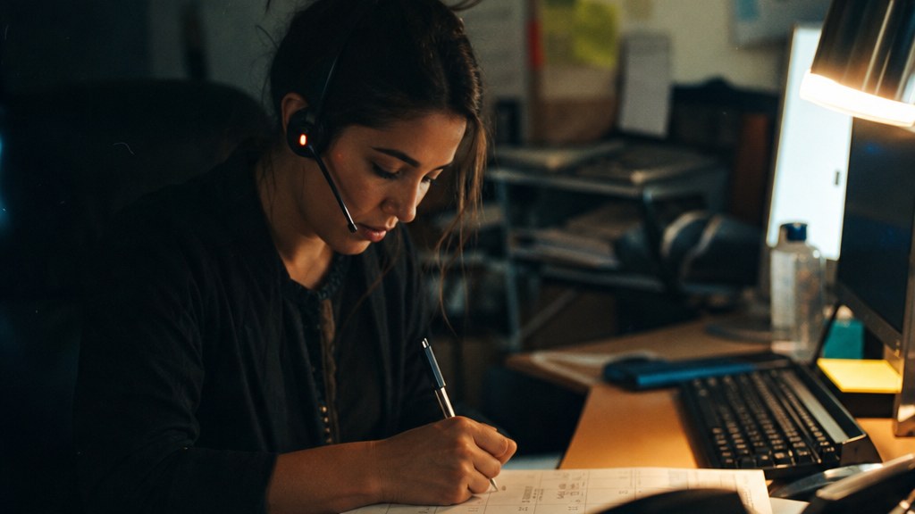 Solar company scheduler on a headset writing an appointment time on a paper calendar in a small back office