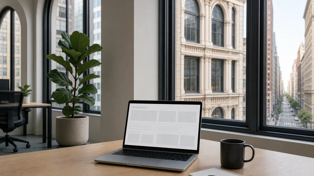 Editorial photograph of an empty modern marketing analytics workspace in a New York Flatiron district office with tall arched windows onto a cast-iron facade and a wide avenue, a laptop showing a blank dashboard, a notebook and a ceramic mug on a pale oak desk, no people and no signage