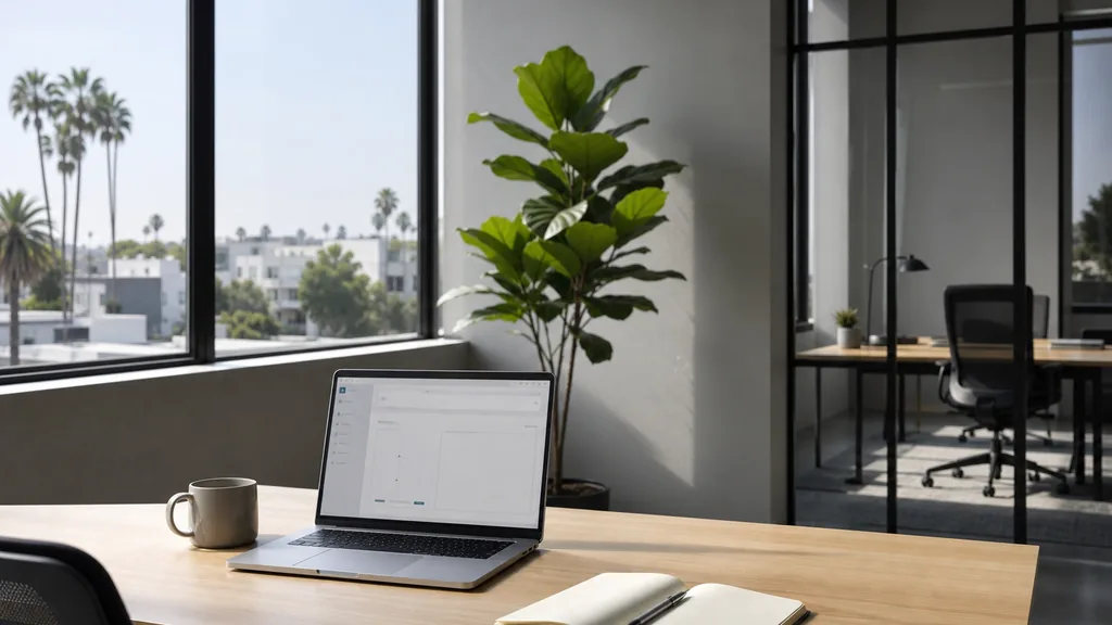 Editorial photograph of an empty modern marketing analytics workspace in a Los Angeles Culver City creative office with wide windows onto palm trees and low white buildings, a laptop showing a blank dashboard, a notebook and a ceramic mug on a pale oak desk, no people and no signage