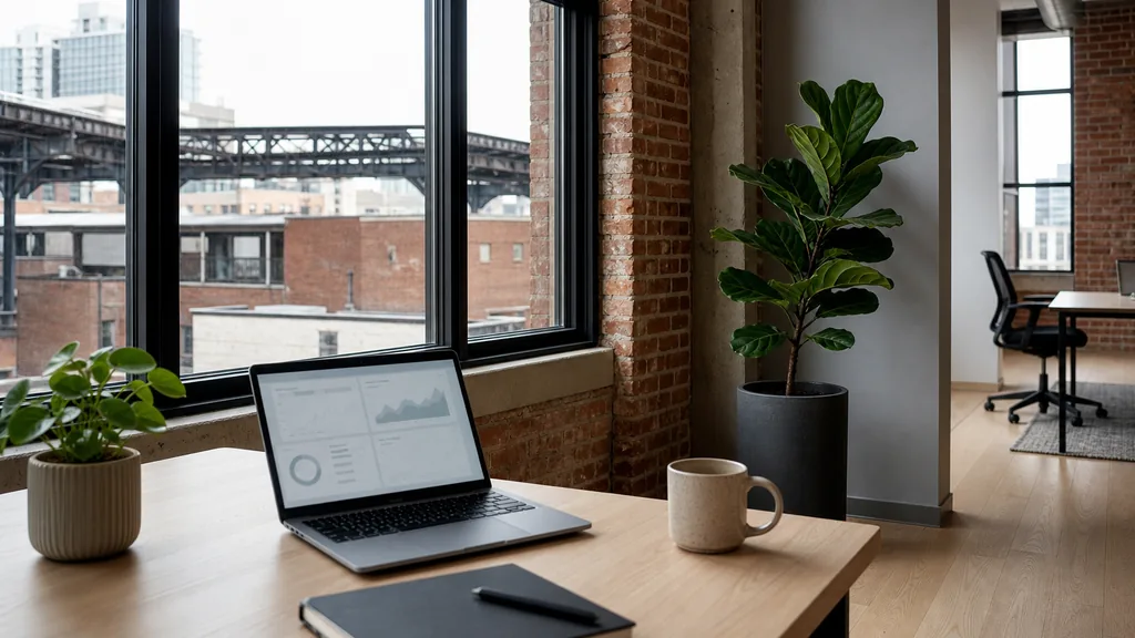 Editorial photograph of an empty modern marketing analytics workspace in a Chicago Fulton Market brick loft office with steel windows onto low warehouses and an elevated track, a laptop showing a blank dashboard, a notebook and a ceramic mug on a pale oak desk, no people and no signage