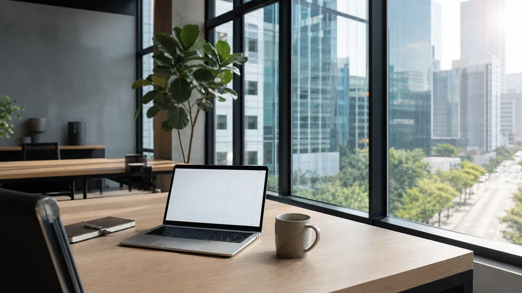 Editorial photograph of an empty modern marketing analytics workspace in a Houston Midtown office with floor to ceiling windows onto glass towers and a wide sunlit street, a laptop showing a blank dashboard, a notebook and a ceramic mug on a pale oak desk, no people and no signage