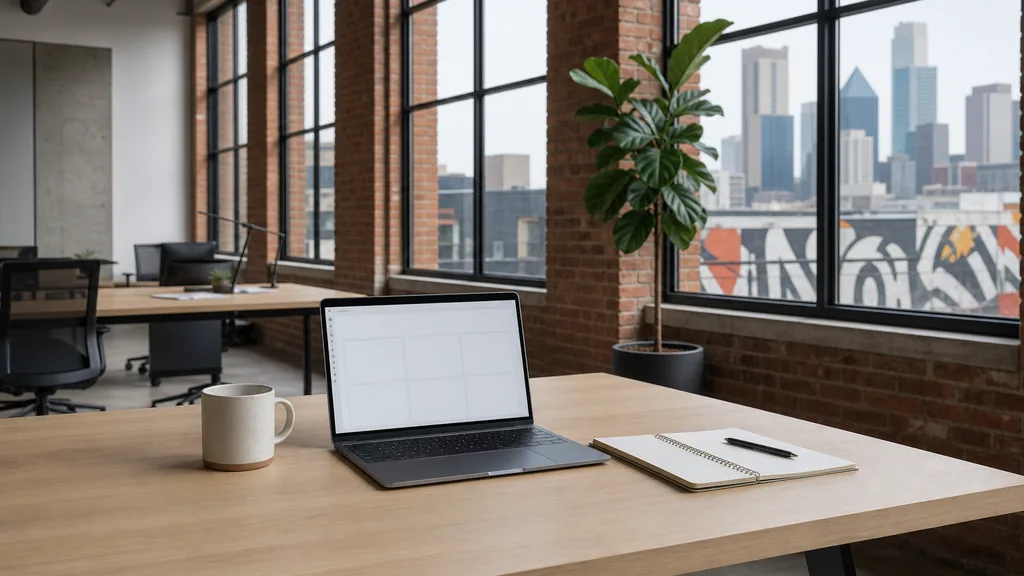 Editorial photograph of an empty modern marketing analytics workspace in a Dallas Deep Ellum brick warehouse office with tall windows onto murals and a downtown skyline, a laptop showing a blank dashboard, a notebook and a ceramic mug on a pale oak desk, no people and no signage