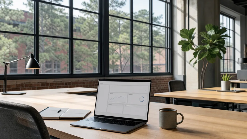 Editorial photograph of an empty modern marketing analytics workspace in an Atlanta West Midtown converted warehouse office with tall windows onto pine trees and brick facades, a laptop showing a blank dashboard, a notebook and a ceramic mug on a pale oak desk, no people and no signage
