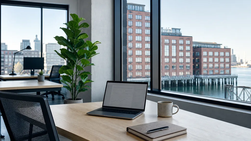Editorial photograph of an empty modern marketing analytics workspace in a Boston Seaport office with wide windows onto brick wharves, water and a clear sky, a laptop showing a blank dashboard, a notebook and a ceramic mug on a pale oak desk, no people and no signage