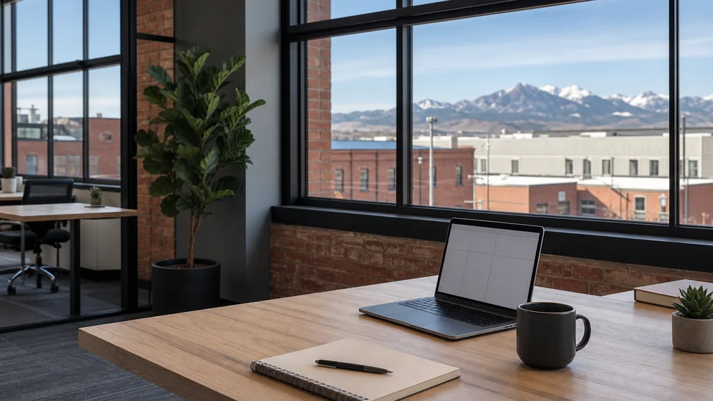 Editorial photograph of an empty modern marketing analytics workspace in a Denver RiNo brick loft office with steel windows onto low warehouses and distant Rocky Mountain peaks, a laptop showing a blank dashboard, a notebook and a ceramic mug on a pale oak desk, no people and no signage