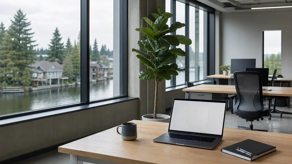Editorial photograph of an empty modern marketing analytics workspace in a Seattle Fremont office with wide windows onto evergreen trees, a canal and grey soft light, a laptop showing a blank dashboard, a notebook and a ceramic mug on a pale oak desk, no people and no signage