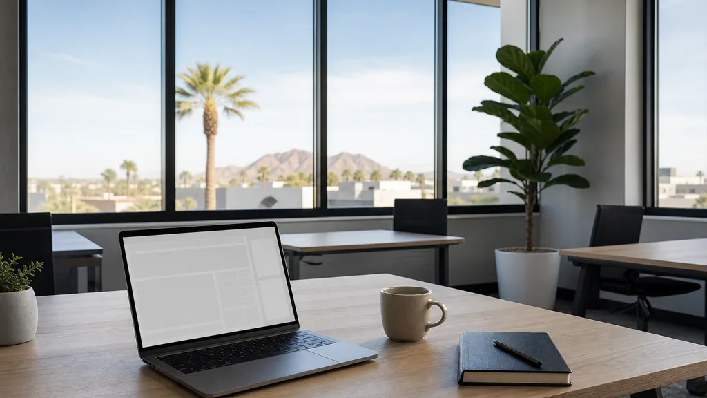 Editorial photograph of an empty modern marketing analytics workspace in a Phoenix Midtown office with tall windows onto palm trees, low desert buildings and a bright sky, a laptop showing a blank dashboard, a notebook and a ceramic mug on a pale oak desk, no people and no signage