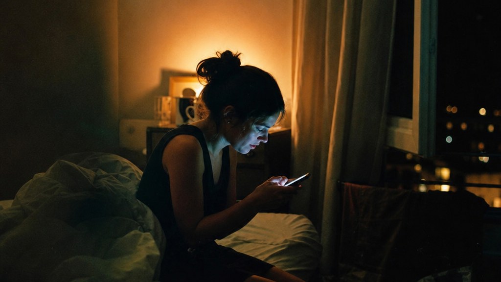 Woman sitting on the edge of her bed at midnight typing into a phone