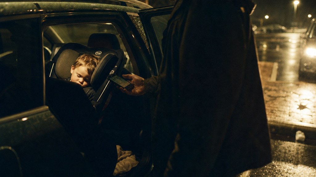 Father in a night car park holding a phone over a sleeping child in a car seat
