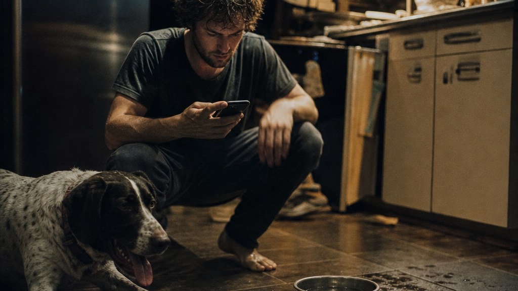 Man crouched on a kitchen floor beside a panting dog, typing into a phone