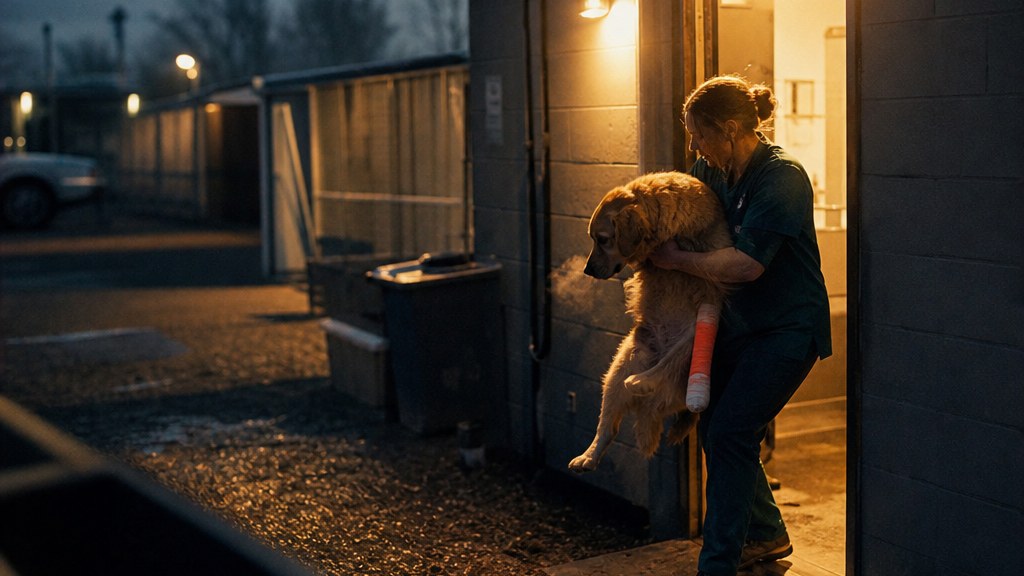 Veterinarian carrying a limping retriever through a clinic back door at dawn