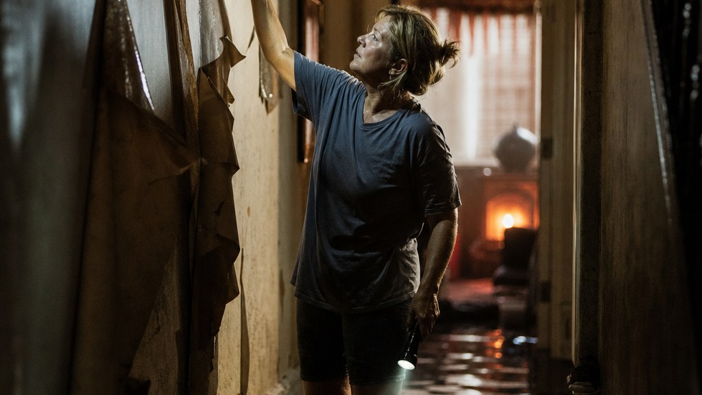 Homeowner ankle-deep in a soaked hallway holding a phone up for signal