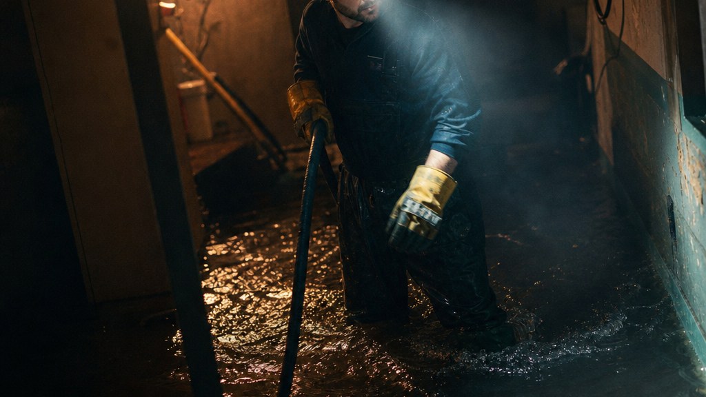 Restoration technician dragging a hose across a flooded basement stairwell at night