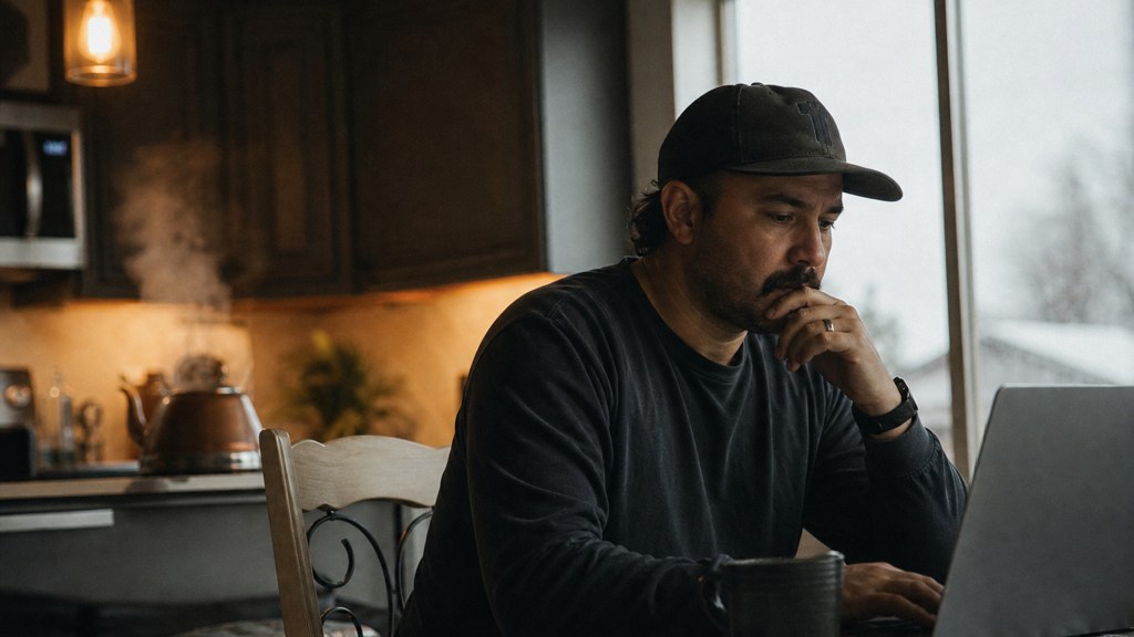 A service-business owner at a kitchen table typing a question into a laptop while a kettle steams behind, photographed in Mesa