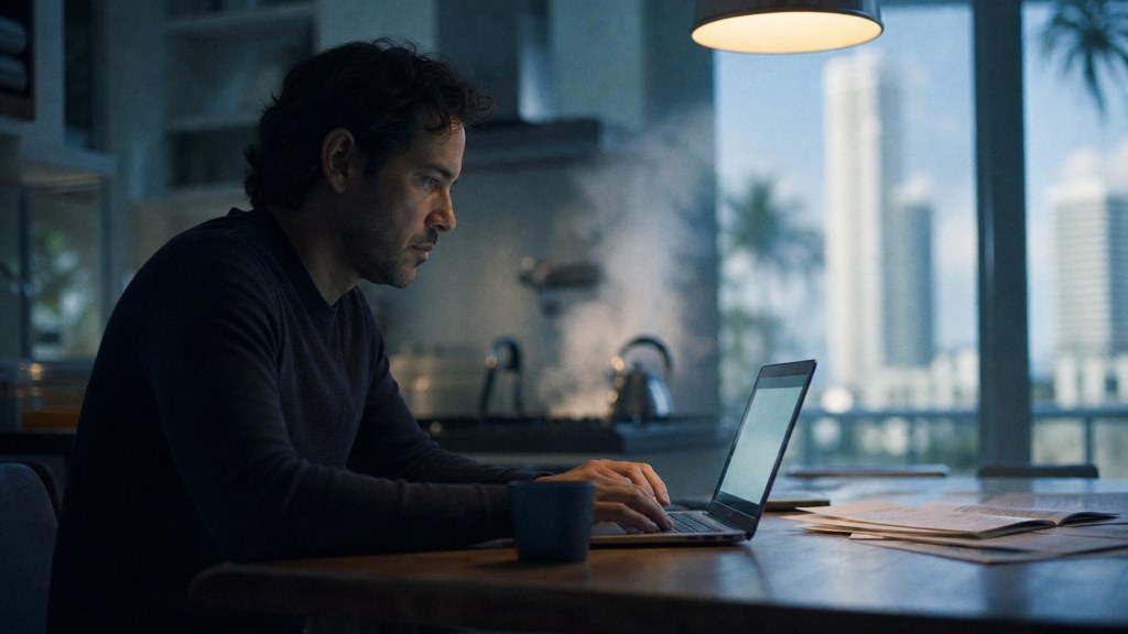 A service-business owner at a kitchen table typing a question into a laptop while a kettle steams behind, photographed in Miami