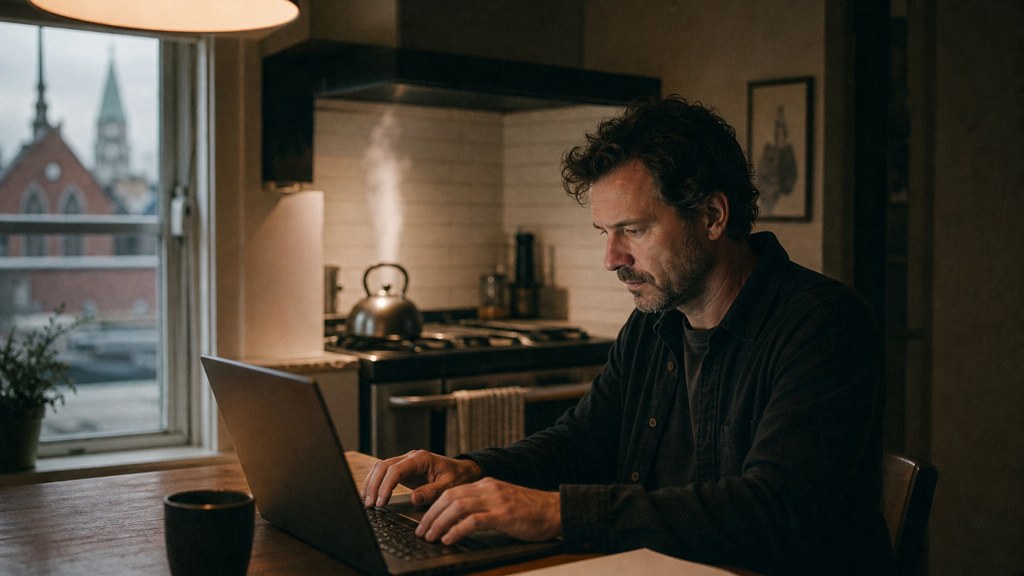 A service-business owner at a kitchen table typing a question into a laptop while a kettle steams behind, photographed in Milwaukee