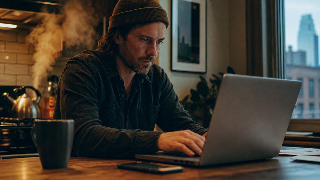 A service-business owner at a kitchen table typing a question into a laptop while a kettle steams behind, photographed in Minneapolis