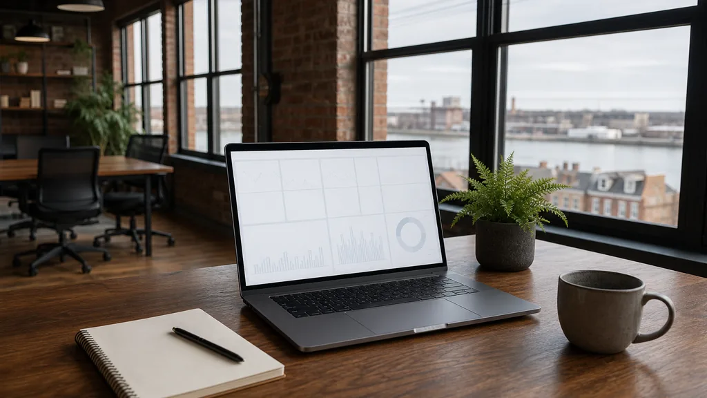 Editorial photograph of an empty modern marketing analytics workspace in a Philadelphia Old City brick loft office with tall sash windows onto cobblestones and low red-brick facades, a laptop showing a blank dashboard, a notebook and a ceramic mug on a pale oak desk, no people and no signage