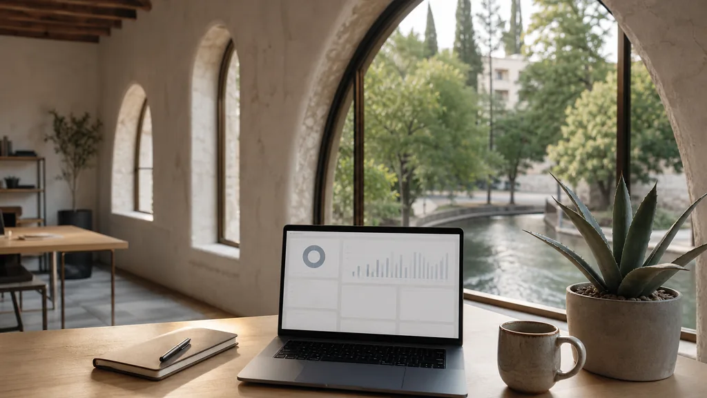 Editorial photograph of an empty modern marketing analytics workspace in a San Antonio Pearl district office with wide windows onto brewery brickwork and the River Walk, a laptop showing a blank dashboard, a notebook and a ceramic mug on a pale oak desk, no people and no signage