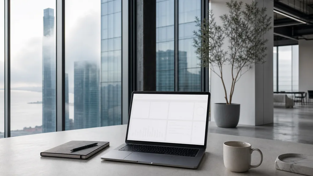 Editorial photograph of an empty modern marketing analytics workspace in a San Francisco SoMa office with steel-framed windows onto low warehouses and distant glass towers, a laptop showing a blank dashboard, a notebook and a ceramic mug on a pale oak desk, no people and no signage