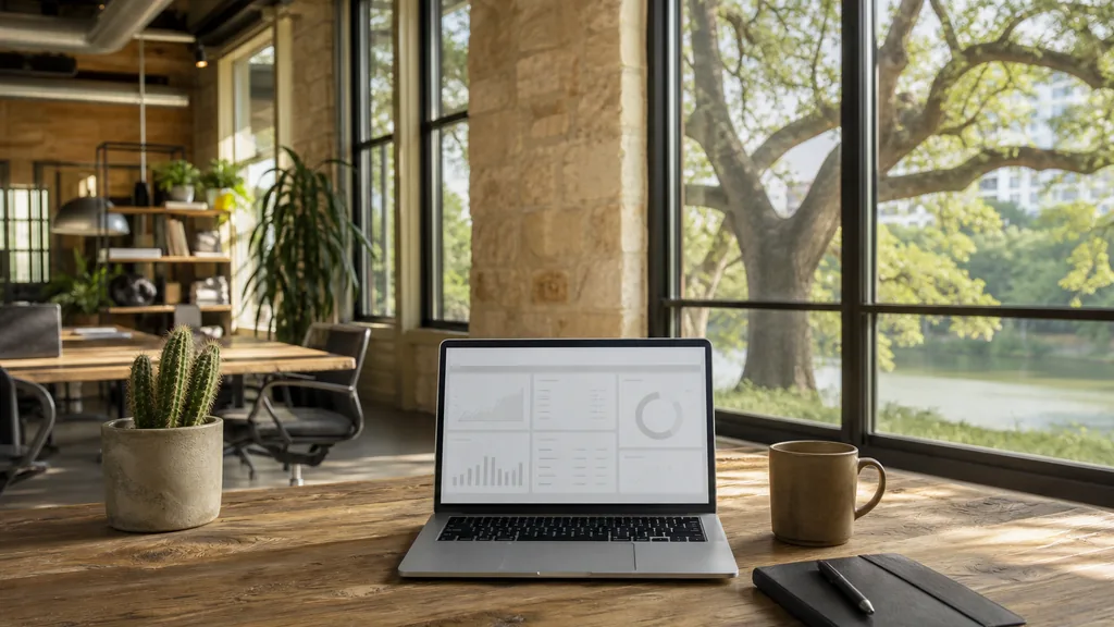 Editorial photograph of an empty modern marketing analytics workspace in an East Austin converted warehouse office with tall windows onto live oaks and low painted brick buildings, a laptop showing a blank dashboard, a notebook and a ceramic mug on a pale oak desk, no people and no signage