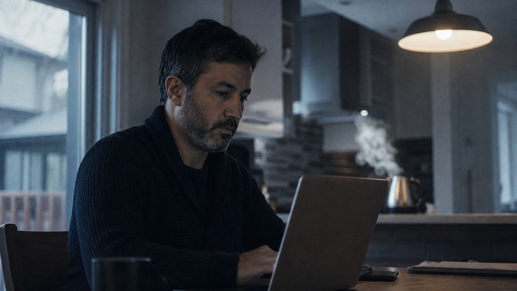 A service-business owner at a kitchen table typing a question into a laptop while a kettle steams behind, photographed in Mississauga