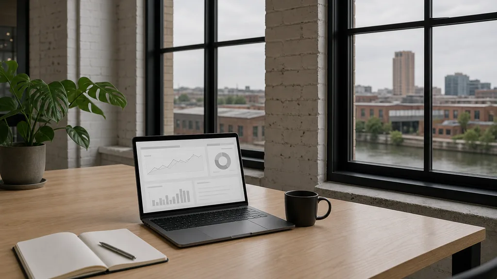 Editorial photograph of an empty modern marketing analytics workspace in a Columbus Short North office with wide windows onto brick storefronts and steel arches over the street, a laptop showing a blank dashboard, a notebook and a ceramic mug on a pale oak desk, no people and no signage