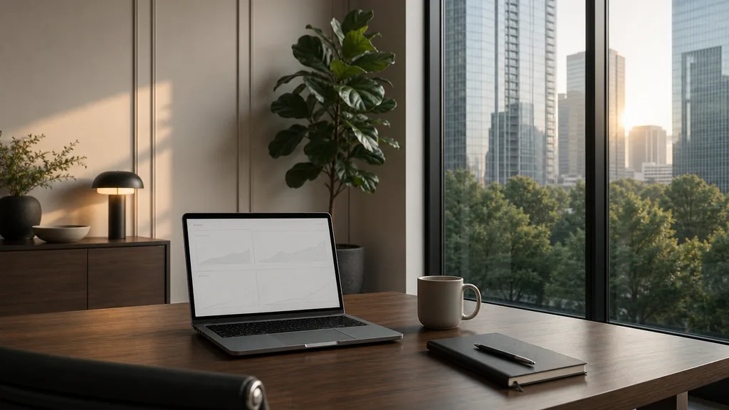 Editorial photograph of an empty modern marketing analytics workspace in a Charlotte South End brick office with tall windows onto a rail trail and uptown towers beyond, a laptop showing a blank dashboard, a notebook and a ceramic mug on a pale oak desk, no people and no signage