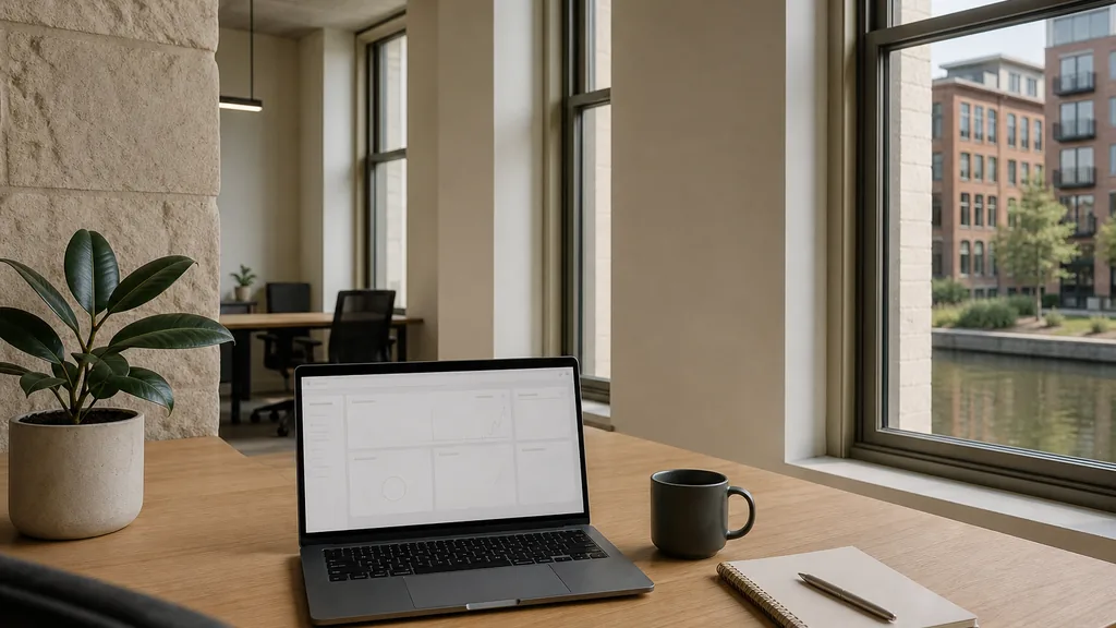 Editorial photograph of an empty modern marketing analytics workspace in an Indianapolis Mass Ave office with wide windows onto brick storefronts and a quiet downtown street, a laptop showing a blank dashboard, a notebook and a ceramic mug on a pale oak desk, no people and no signage