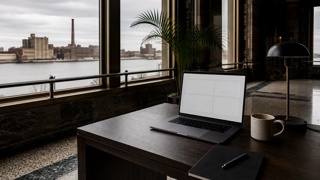 Editorial photograph of an empty modern marketing analytics workspace in a Detroit Corktown brick office with tall windows onto low storefronts and a distant downtown skyline, a laptop showing a blank dashboard, a notebook and a ceramic mug on a pale oak desk, no people and no signage