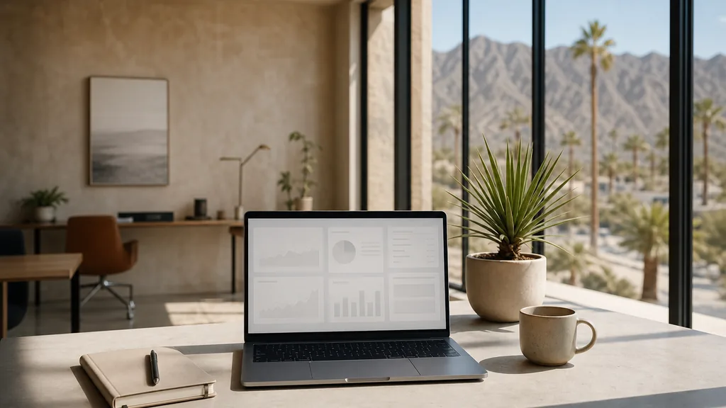 Editorial photograph of an empty modern marketing analytics workspace in a Las Vegas Arts District office with wide windows onto low painted buildings and dry desert mountains, a laptop showing a blank dashboard, a notebook and a ceramic mug on a pale oak desk, no people and no signage
