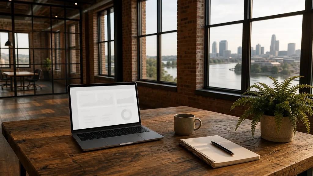 Editorial photograph of an empty modern marketing analytics workspace in a Nashville Germantown brick office with tall windows onto low row houses and leafy sidewalks, a laptop showing a blank dashboard, a notebook and a ceramic mug on a pale oak desk, no people and no signage
