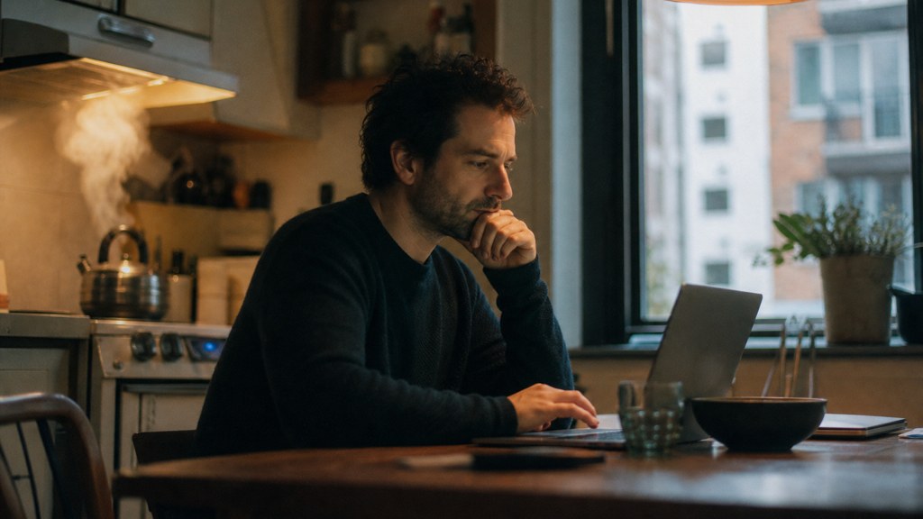 A service-business owner at a kitchen table typing a question into a laptop while a kettle steams behind, photographed in Montreal