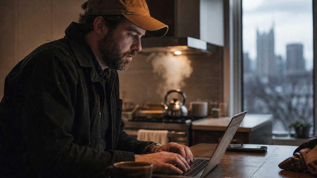 A service-business owner at a kitchen table typing a question into a laptop while a kettle steams behind, photographed in Nashville