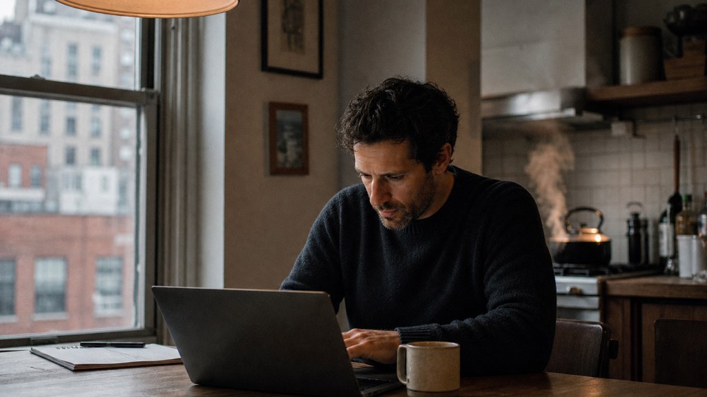 A service-business owner at a kitchen table typing a question into a laptop while a kettle steams behind, photographed in New York City