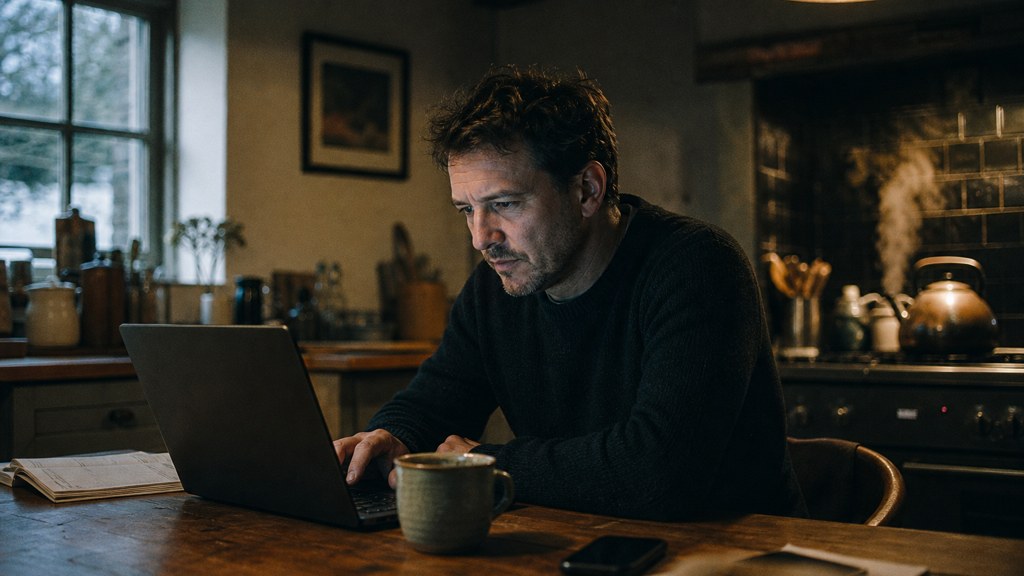 A service-business owner at a kitchen table typing a question into a laptop while a kettle steams behind, photographed in Norfolk