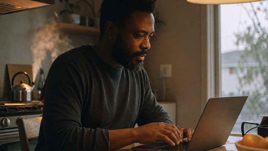 A service-business owner at a kitchen table typing a question into a laptop while a kettle steams behind, photographed in Oakland