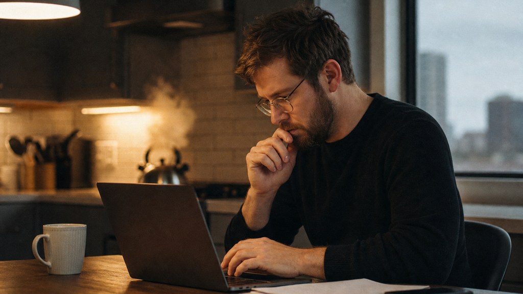 A service-business owner at a kitchen table typing a question into a laptop while a kettle steams behind, photographed in Oklahoma City