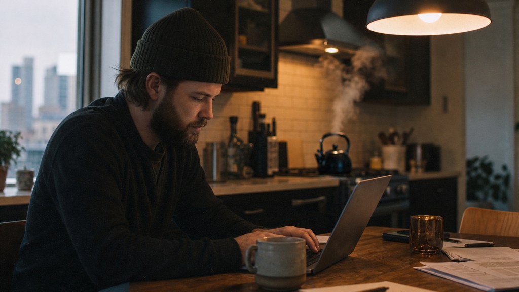 A service-business owner at a kitchen table typing a question into a laptop while a kettle steams behind, photographed in Omaha