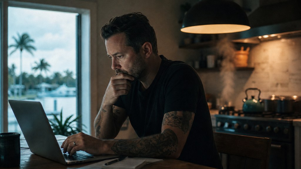 A service-business owner at a kitchen table typing a question into a laptop while a kettle steams behind, photographed in Orlando