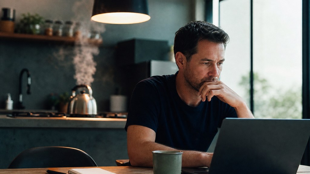A service-business owner at a kitchen table typing a question into a laptop while a kettle steams behind, photographed in Perth