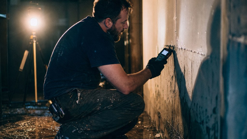 Restoration technician checking a moisture meter against wet drywall in a dark flooded basement