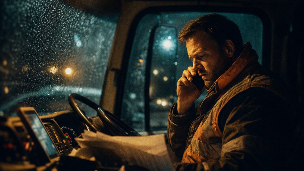 Restoration estimator taking an emergency call in a truck cab at night in the rain