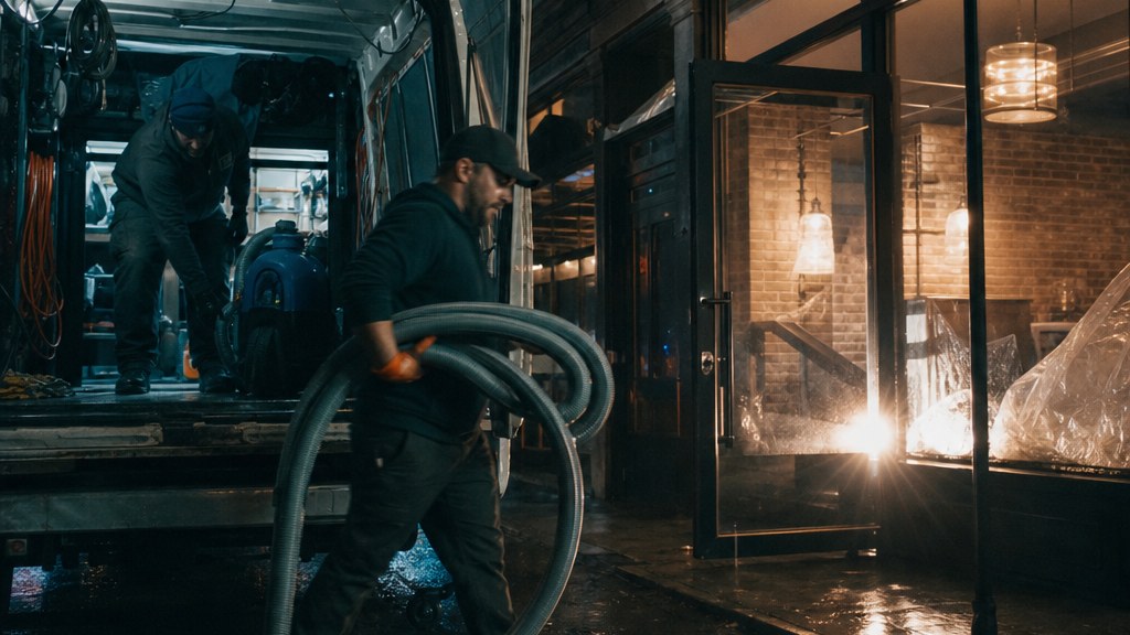 Restoration crew unloading extraction hoses outside a flooded storefront before dawn