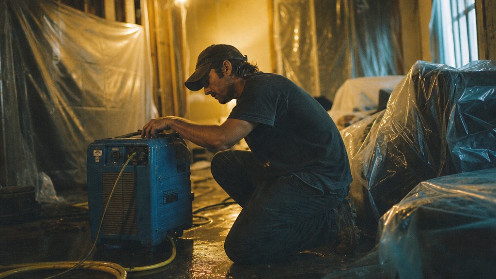 Restoration technician kneeling beside a running dehumidifier in a gutted living room
