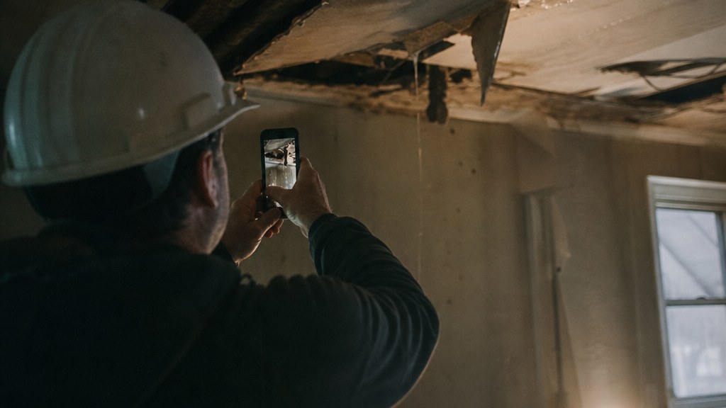 Restoration foreman filming a collapsed wet ceiling on a phone