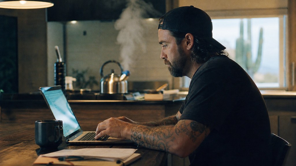 A service-business owner at a kitchen table typing a question into a laptop while a kettle steams behind, photographed in Phoenix