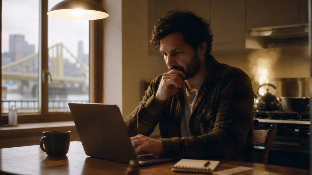 A service-business owner at a kitchen table typing a question into a laptop while a kettle steams behind, photographed in Pittsburgh